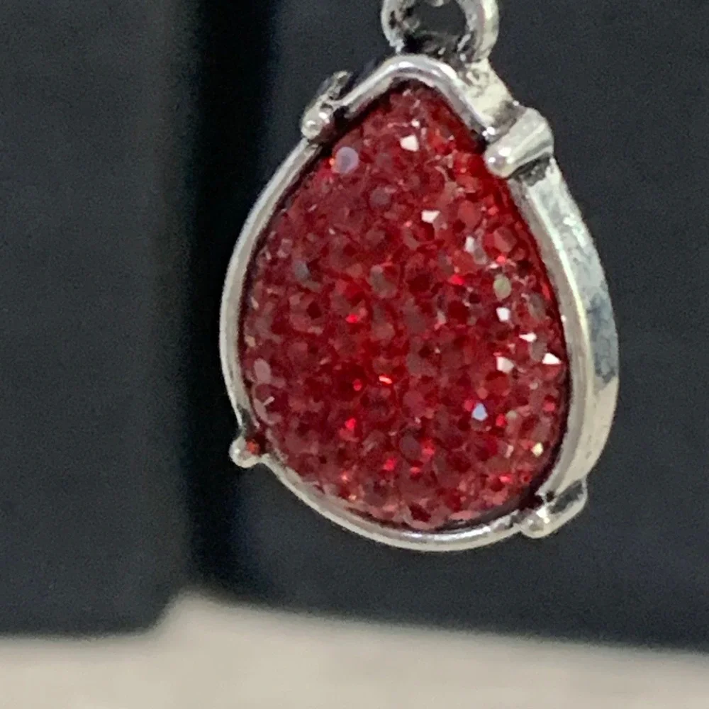 Red Teardrop Druzy Dangle Earrings Silver Tone Fishhook Sparkly Red 3800